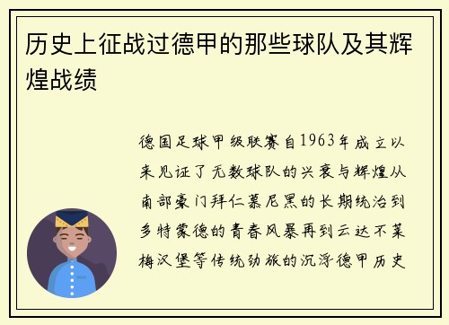 历史上征战过德甲的那些球队及其辉煌战绩